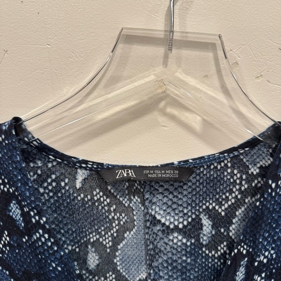 Zara Long Sleeve Blue Snake Print Dress Button Front Long Sleeve Flounce Hem M - Picture 2 of 5